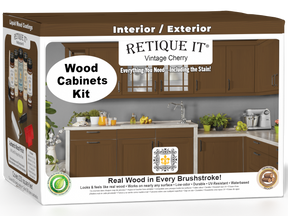 Retique It® Wood'n Cabinet Kit with 24 vintage cherry grained stain doors, shown in a 3D cabinet display.