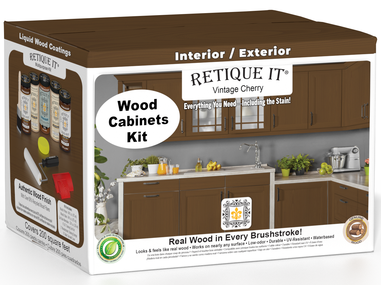 Retique It® Wood'n Cabinet Kit with 24 vintage cherry grained cabinet doors, stained wood finish for kitchen or furniture.