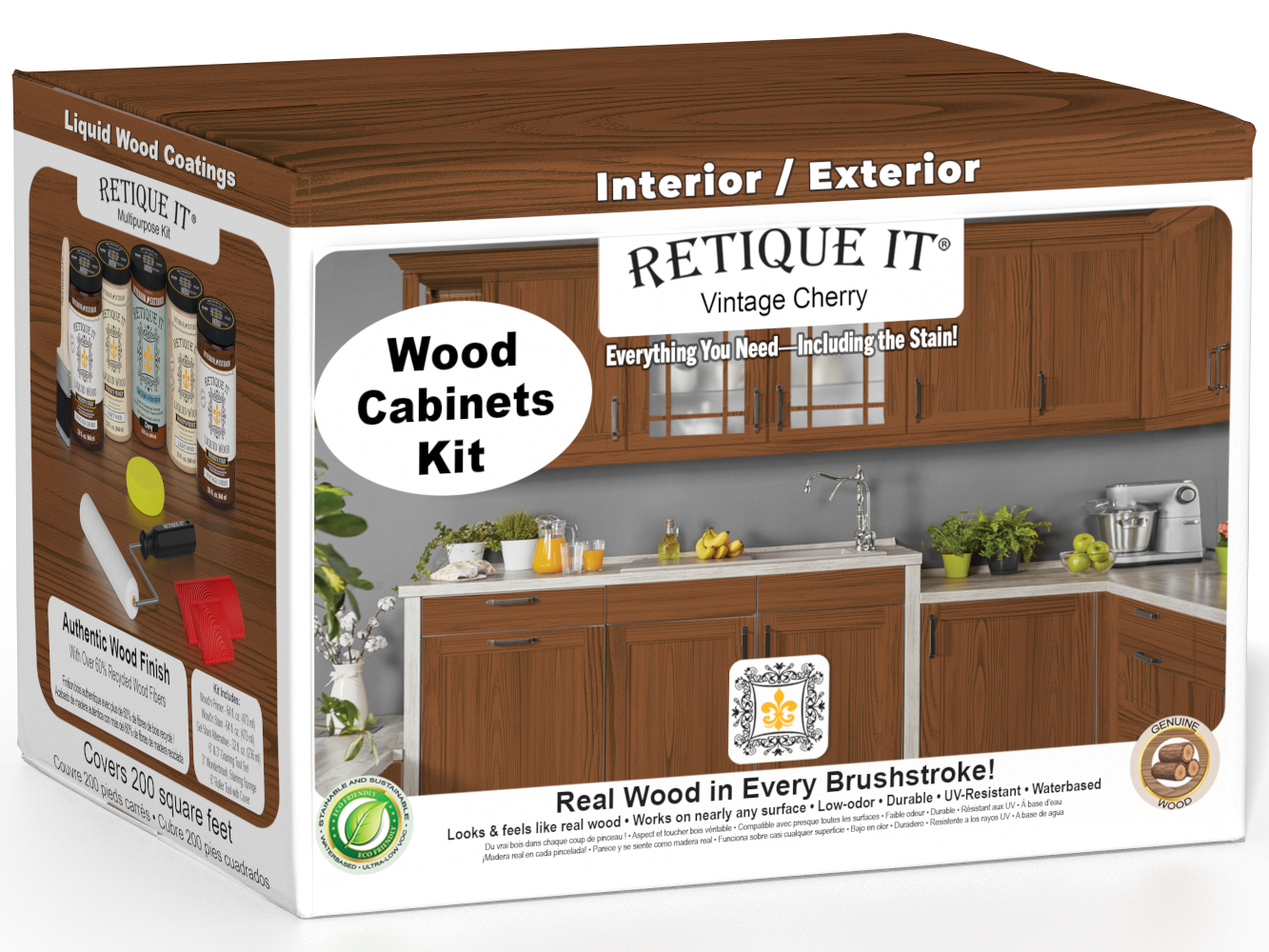Retique It® Wood'n Cabinet Kit with 24 vintage cherry grained stain doors and cabinet panels, showcasing a warm, natural wood finish.