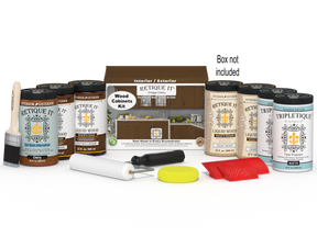 Retique It Wood'n Cabinet Kit with 24 vintage cherry grained stained cabinet doors, showcasing detailed wood grain and finish.