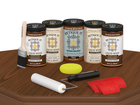 Retique It® Wood'n Cabinet Kit with vintage cherry stain, 24 grained cabinet doors, showcasing wood grain details on a table.