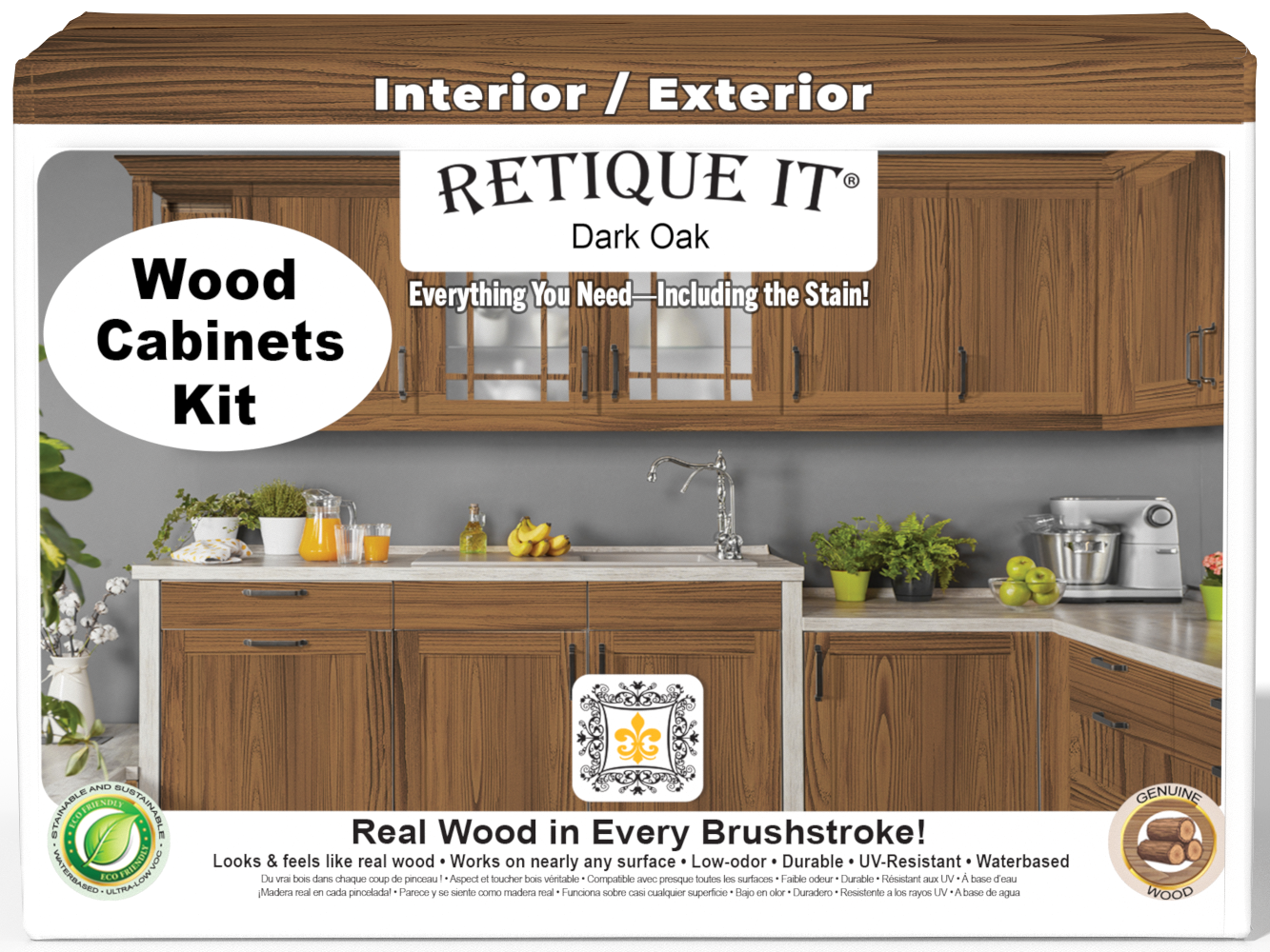 Dark oak Wood'n Cabinet Kit by Retique It® featuring 24 stained cabinet doors with wood grain finish.