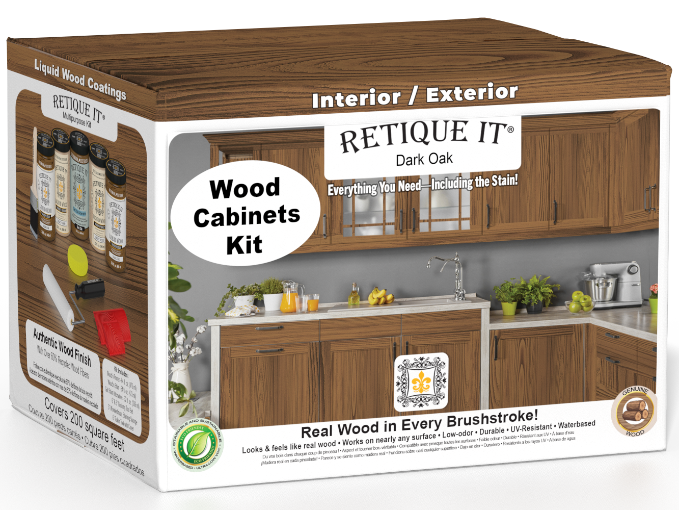 Dark oak Wood'n Cabinet Kit with 24 grained doors from Retique It® stains, showcasing the textured wood grain and cabinet design.