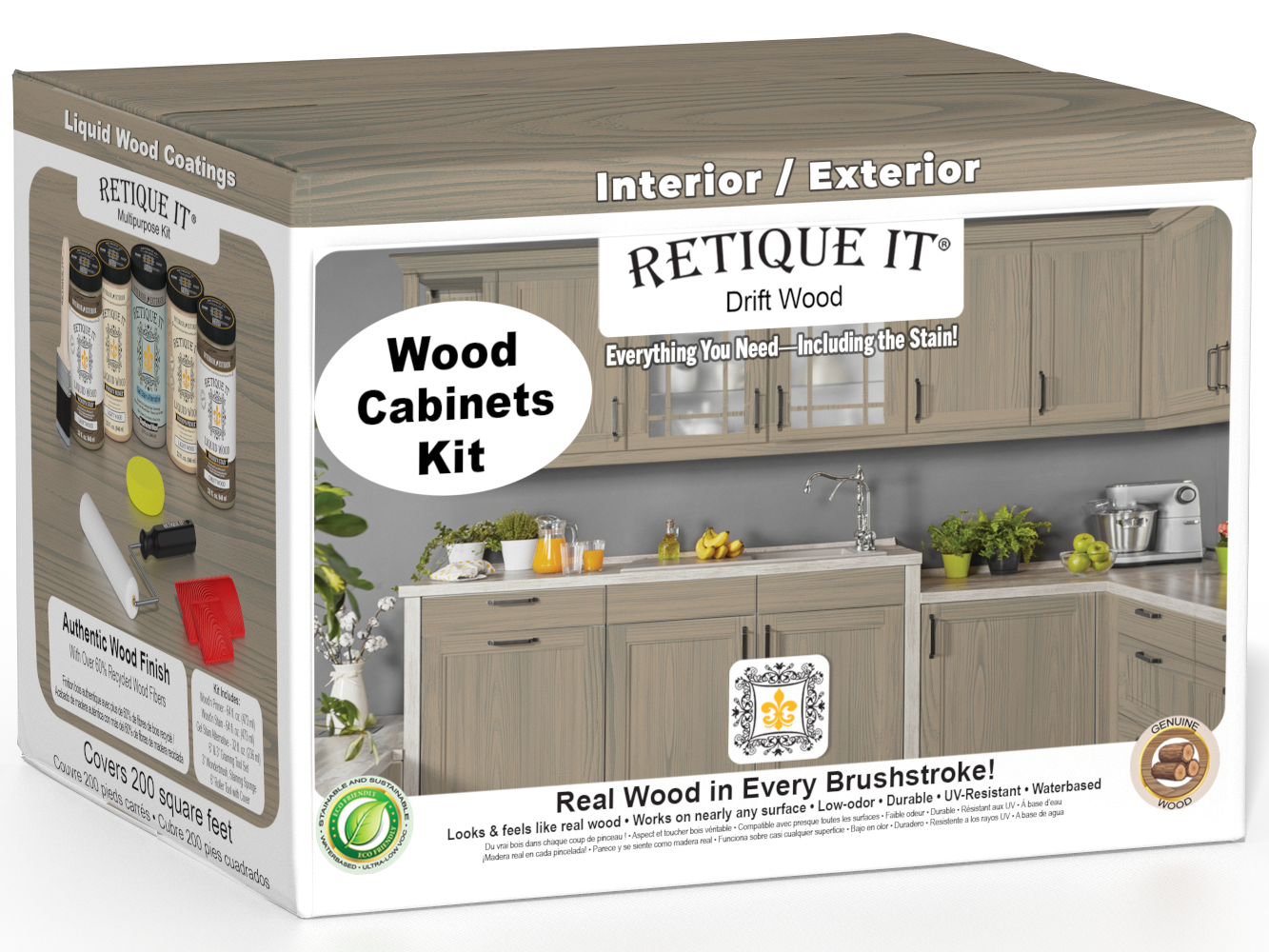 Retique It® Wood'n Cabinet Kit with 24 grained driftwood-stained cabinet doors, showcasing natural wood grain and textured finish.