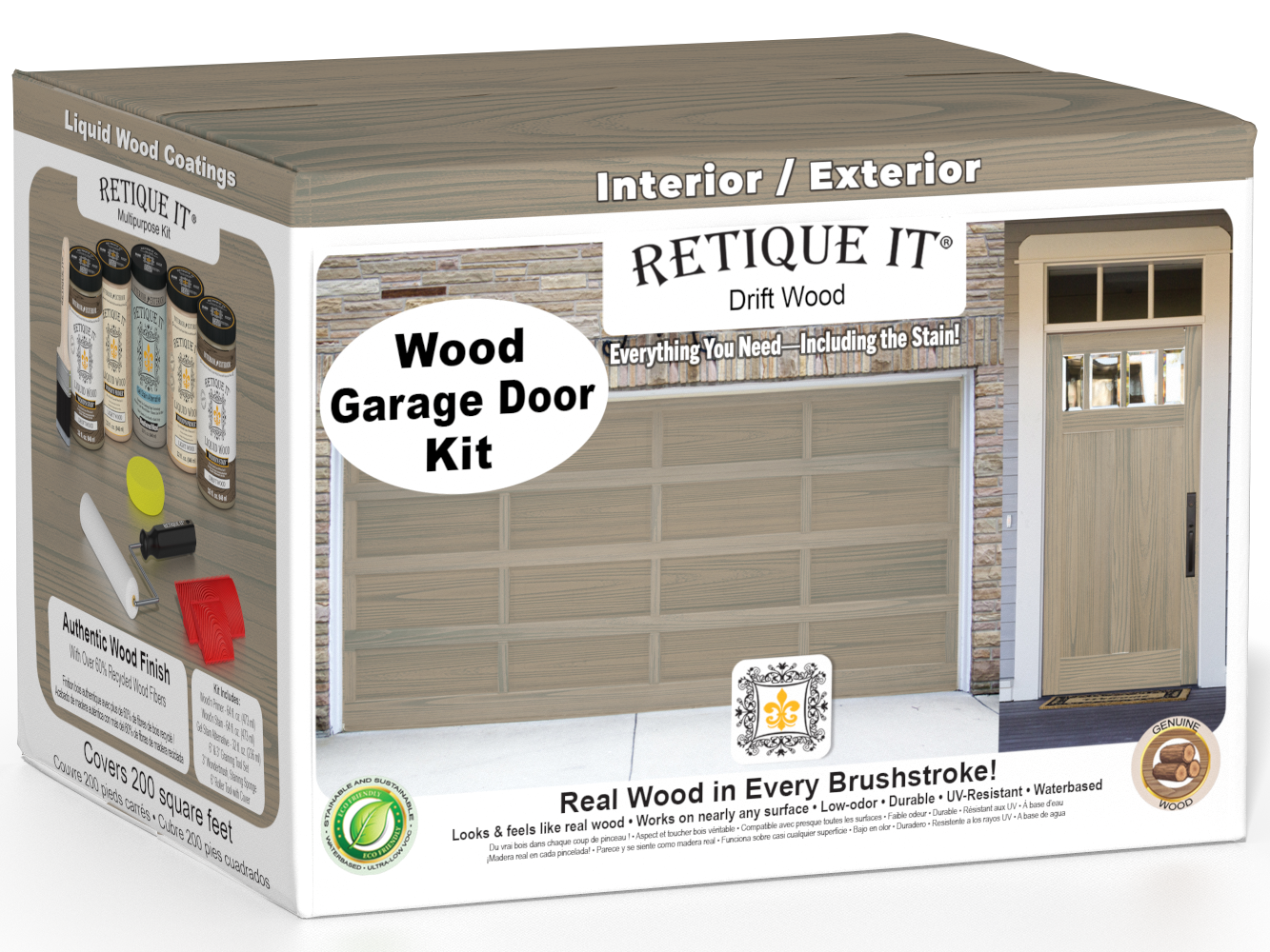 Retique It Driftwood Wood Garage Door Kit box featuring garage door and entry door wood finish transformation.