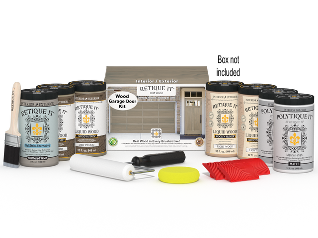 Retique It Wood'n Door Kit in Drift Wood stain for front and garage doors, includes stain and application tools.