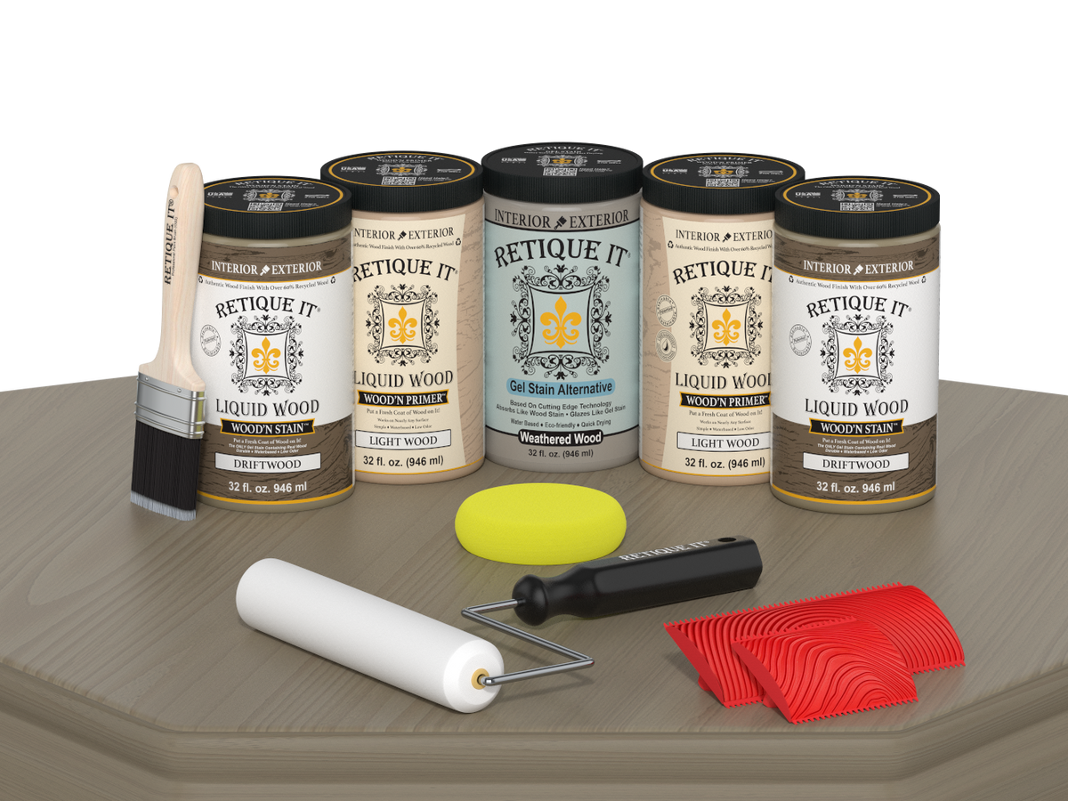 Retique It® Wood'n Cabinet Kit in Drift Wood stain, featuring 24 grained cabinet doors with a natural wood finish.