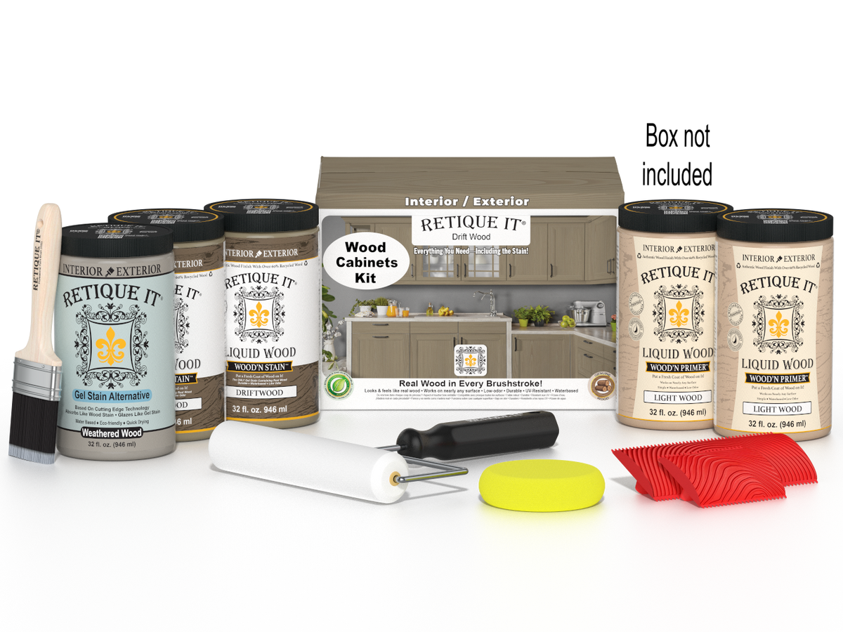 Retique It® Wood'n Cabinet Kit in Drift Wood stain showing 24 grained cabinet doors and included hardware in a box.