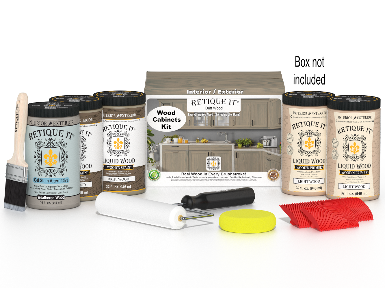 Retique It® Wood'n Cabinet Kit in Drift Wood stain, featuring 24 grained cabinet doors with a natural wood appearance.