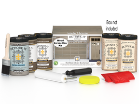 Retique It Driftwood Wood Garage Door Kit with Liquid Wood, Weathered Wood Gel Stain Alternative, yellow sponge, red graining tool, roller, brush, and kit box.