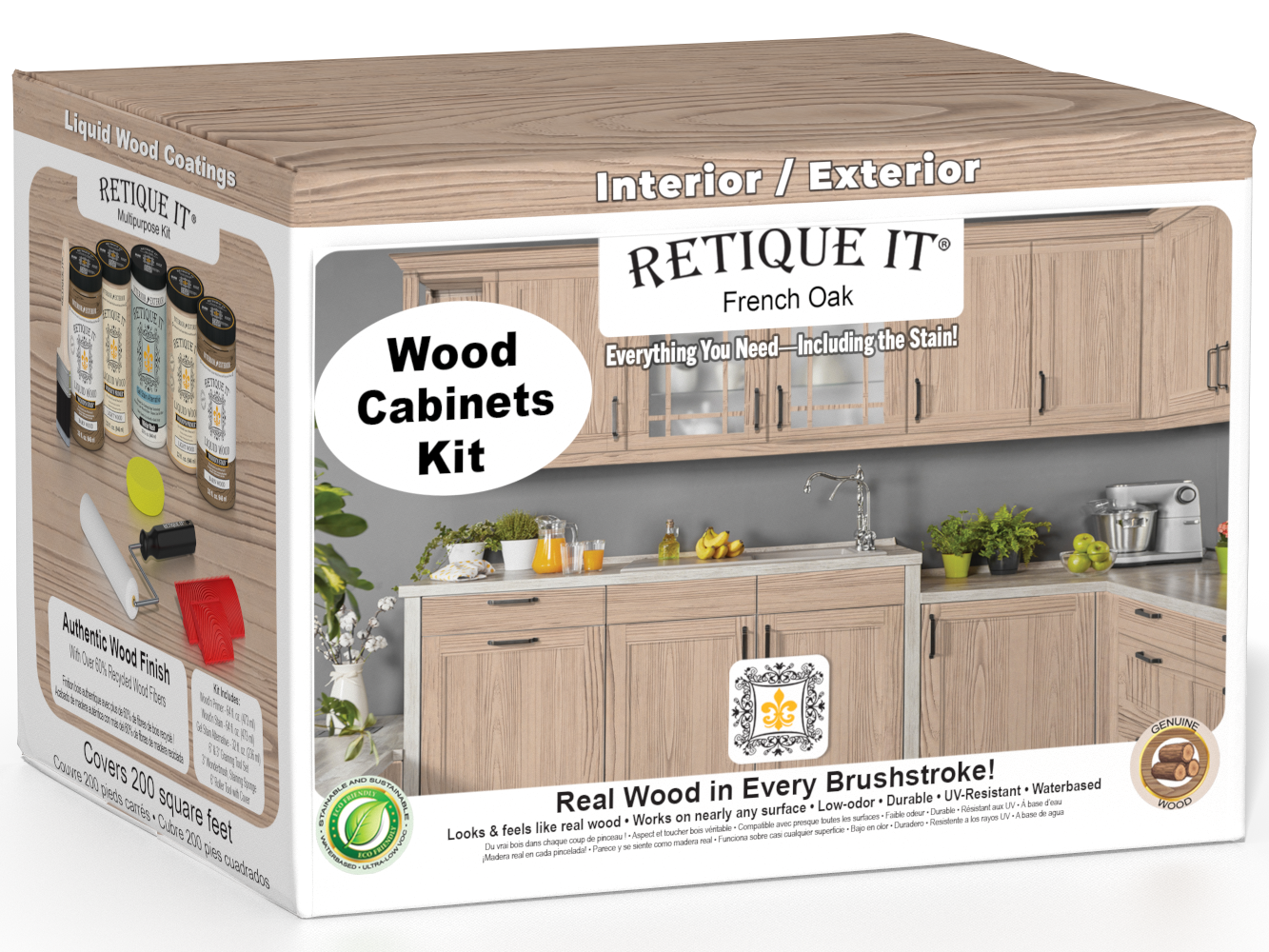 Retique It Wood'n Cabinet Kit with French Oak stain showing 24 grained cabinet doors and wood finish for furniture or cabinetry.