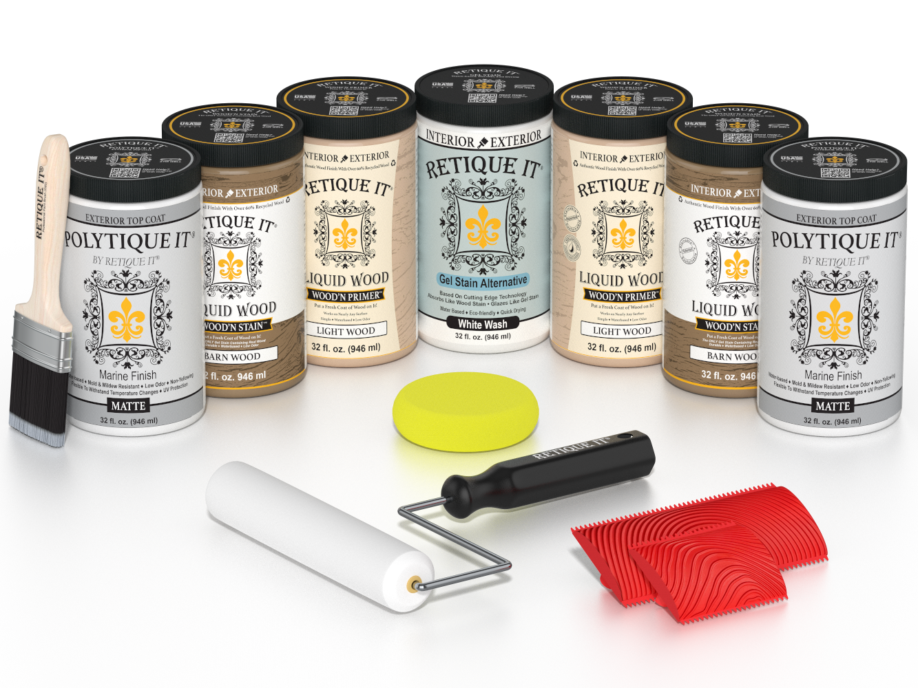 Retique It French Oak Kit with Liquid Wood, White Wash Gel Stain Alternative, Politique It Matte Finish, yellow sponge, red graining tool, roller, and brush.