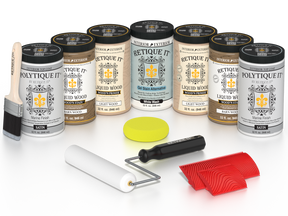 Retique It French Oak Kit with Liquid Wood, White Wash Gel Stain Alternative, Politique It Satin Finish, yellow sponge, red graining tool, roller, and brush.