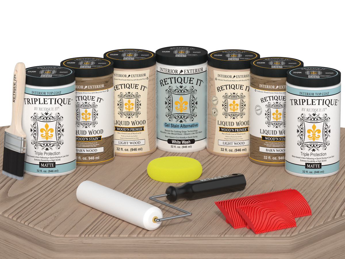 Retique It® Wood'n Cabinet Kit in French Oak stain showing a matte finish on cabinet doors with wood grain texture.