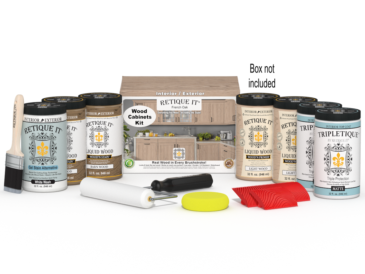 Retique It® Wood'n Cabinet Kit with French Oak stain, featuring 24 grained cabinet doors and stain application details.