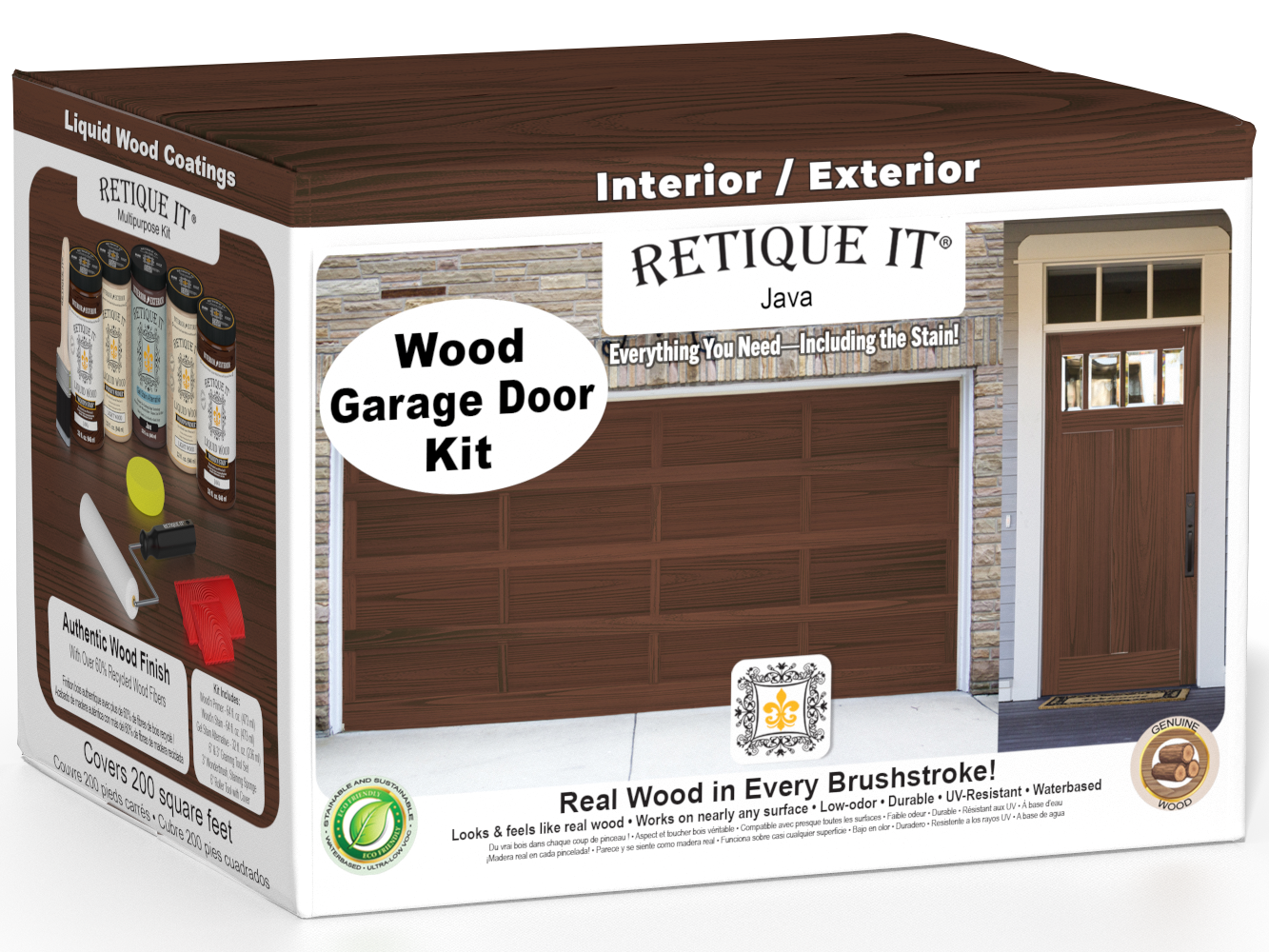 Retique It® Java Wood Garage Door Kit box featuring garage door and entry door wood finish transformation.