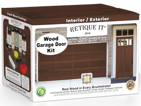 Retique It® Java Wood Garage Door Kit box featuring garage door and entry door wood finish transformation.