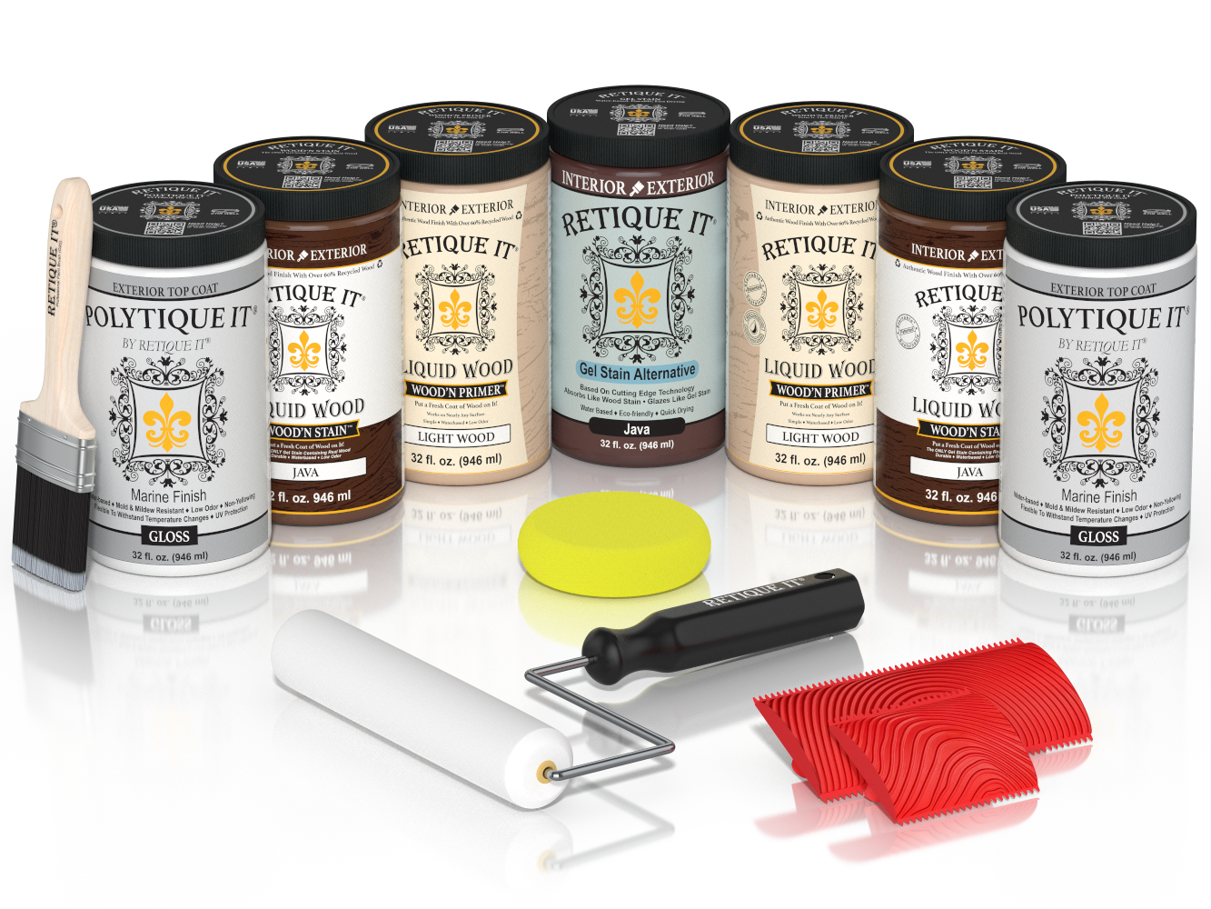 Retique It® Java Wood'n Kit with Gloss PolyTique It® top coat, featuring Java Liquid Wood stain, Light Wood primer, Java Gel Stain Alternative, paint brush, white roller, yellow sponge, and red graining tools.