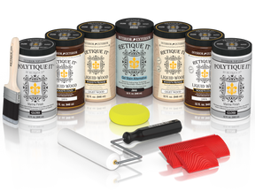 Retique It® Java Wood'n Kit with Gloss PolyTique It® top coat, featuring Java Liquid Wood stain, Light Wood primer, Java Gel Stain Alternative, paint brush, white roller, yellow sponge, and red graining tools.