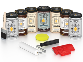 Retique It® Java Wood'n Kit with Matte PolyTique It® top coat, featuring Java Liquid Wood stain, Light Wood primer, Java Gel Stain Alternative, paint brush, white roller, yellow sponge, and red graining tools.