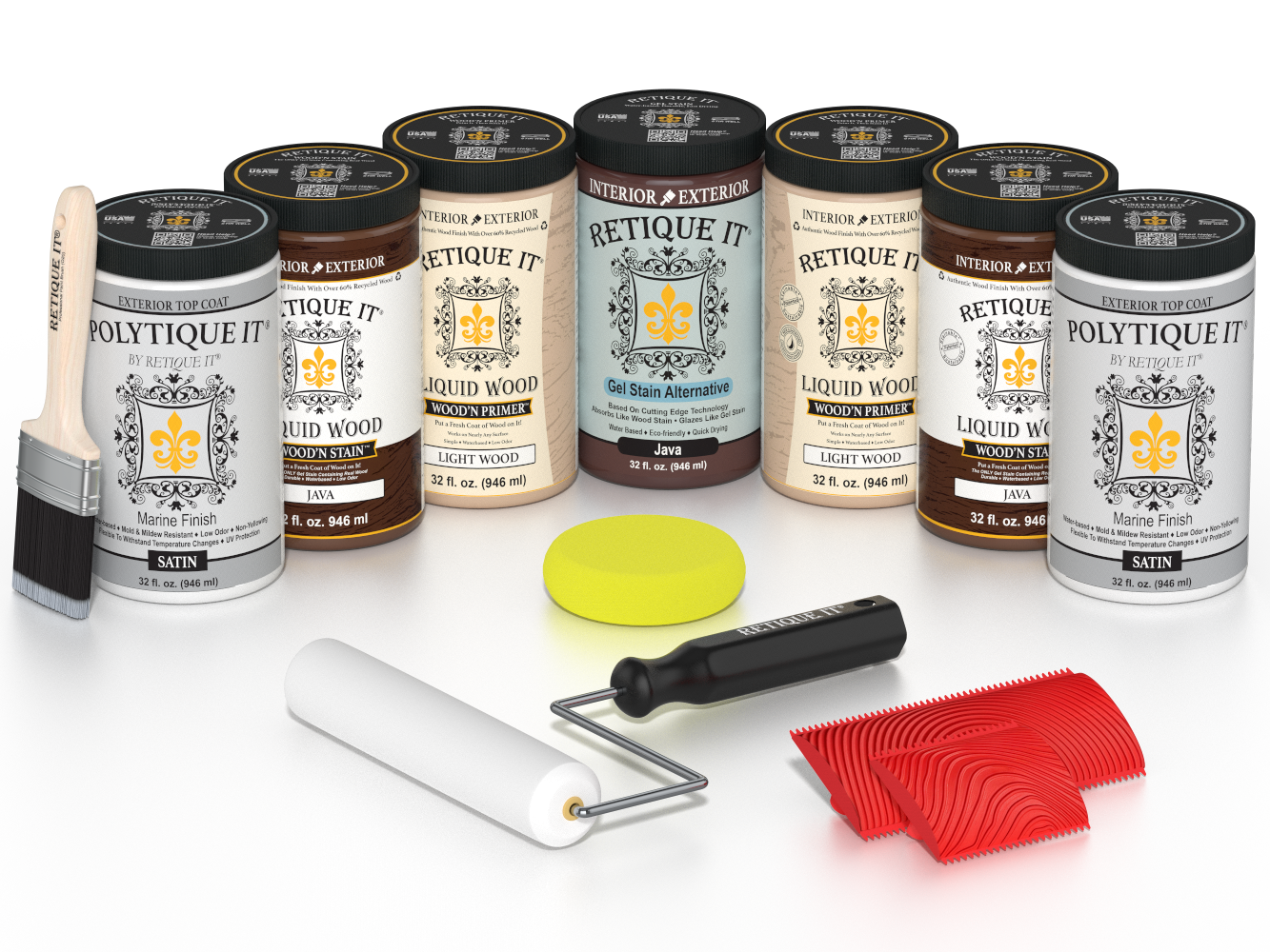 Retique It® Java Wood'n Kit with Satin PolyTique It® top coat, featuring Java Liquid Wood stain, Light Wood primer, Java Gel Stain Alternative, paint brush, white roller, yellow sponge, and red graining tools.
