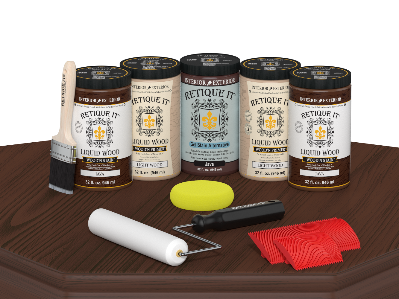 Retique It® Java Wood'n Kit featuring Java Liquid Wood stain, Light Wood primer, Java Gel Stain Alternative, paint brush, white roller, yellow sponge, and red graining tools displayed on a dark wood tabletop.