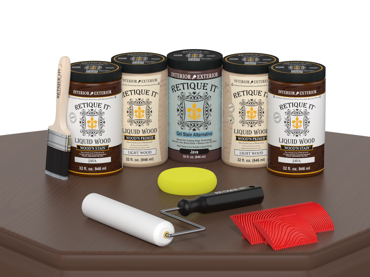 Retique It® Wood'n Cabinet Kit Java stain with 24 grained cabinet doors, showcasing natural wood grain and rich Java color.