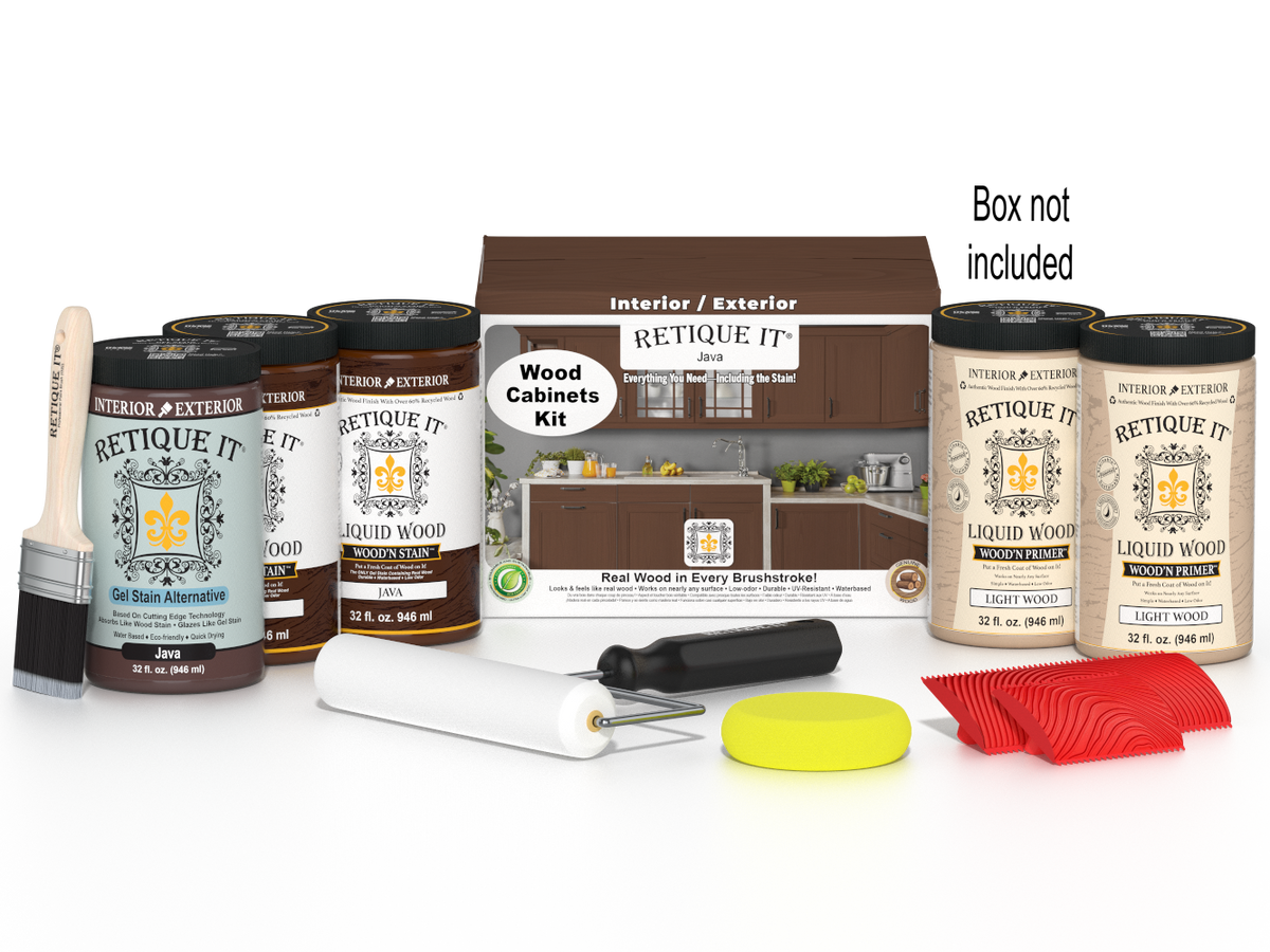 Retique It® Wood'n Cabinet Kit Java stain with 24 grained cabinet doors, showcasing natural wood grain finish.