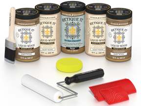 Retique It® Modern Walnut Wood Kit with primer, stains, brush, roller, yellow sponge, and red graining tools.