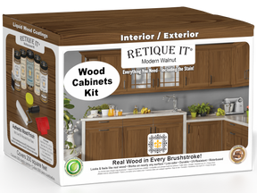 Retique It® Modern Walnut Wood Cabinets Kit packaging featuring rich wood-look kitchen cabinets.