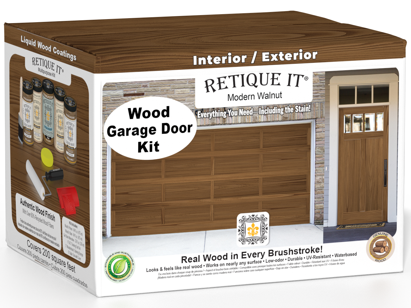 Retique It® Modern Walnut Wood Garage Door Kit packaging featuring a wood-look garage door and entry door.
