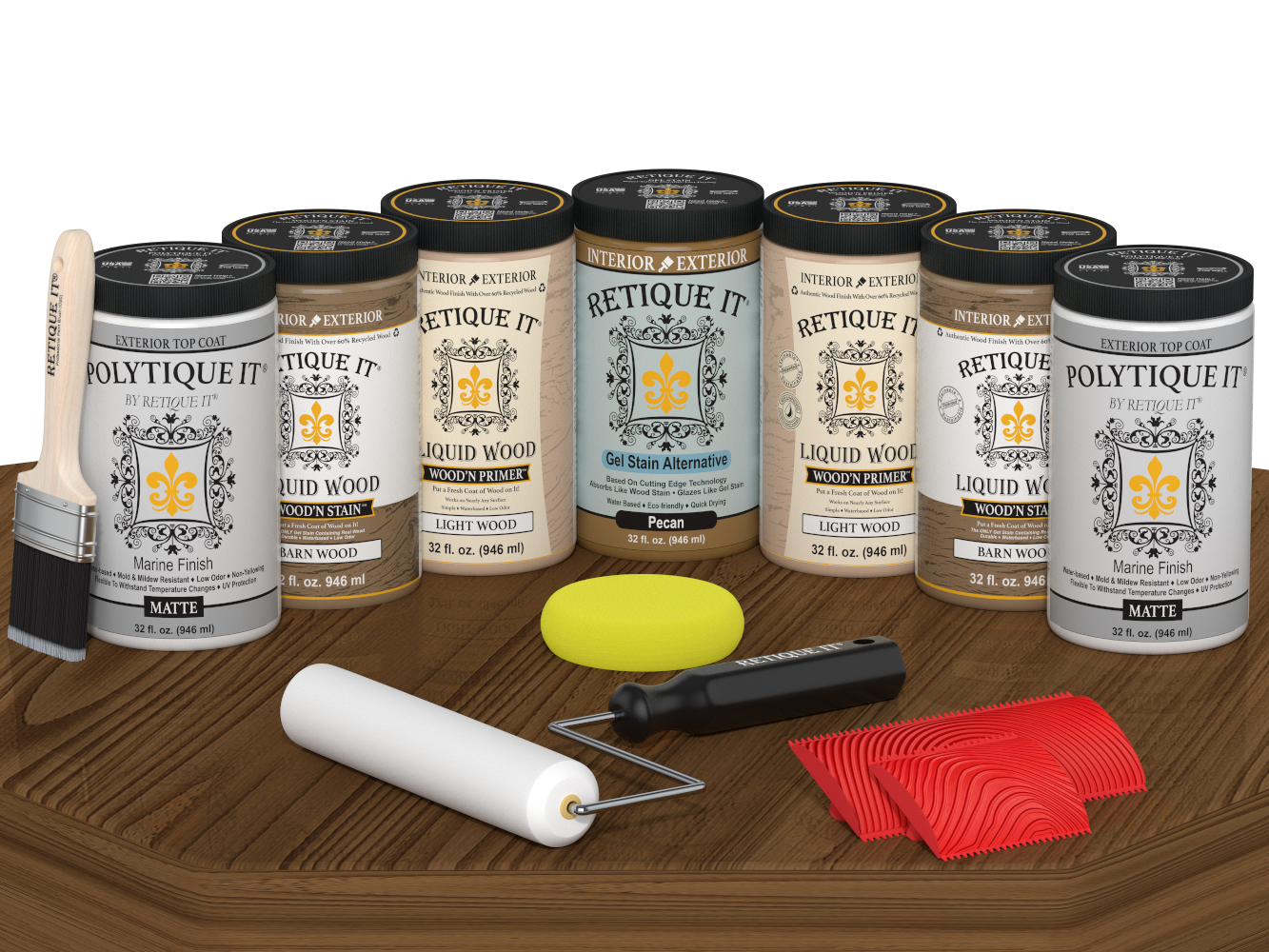 Retique It® Barn Wood Kit with primer, stains, matte topcoat, brush, roller, yellow sponge, and red graining tools.