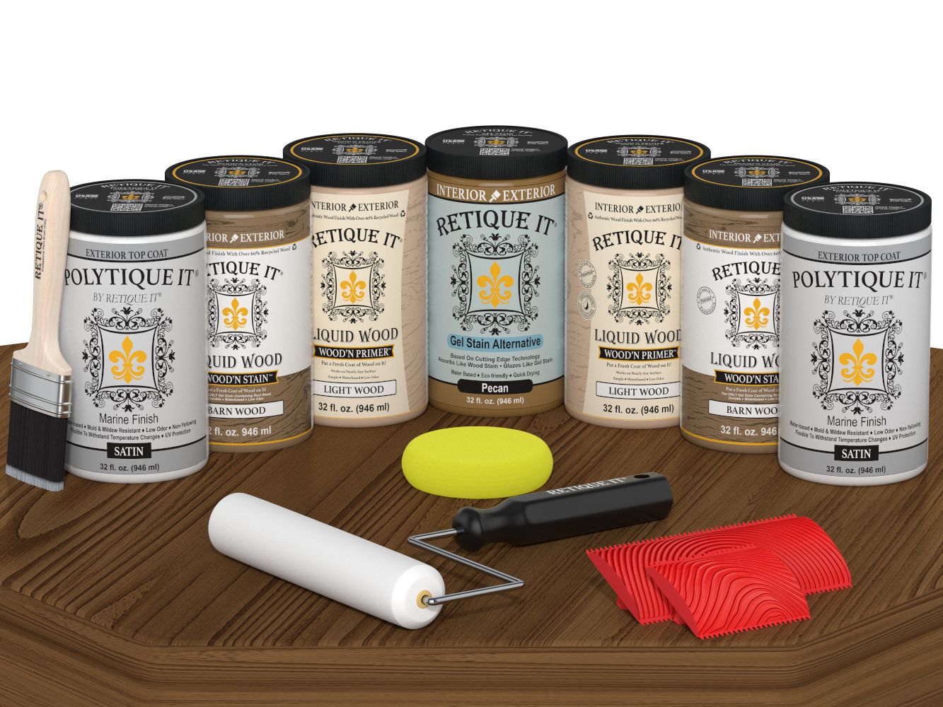 Retique It® Barn Wood Kit with primer, stains, satin topcoat, brush, roller, yellow sponge, and red graining tools.