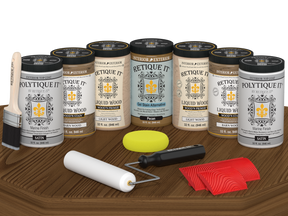 Retique It® Barn Wood Kit with primer, stains, satin topcoat, brush, roller, yellow sponge, and red graining tools.