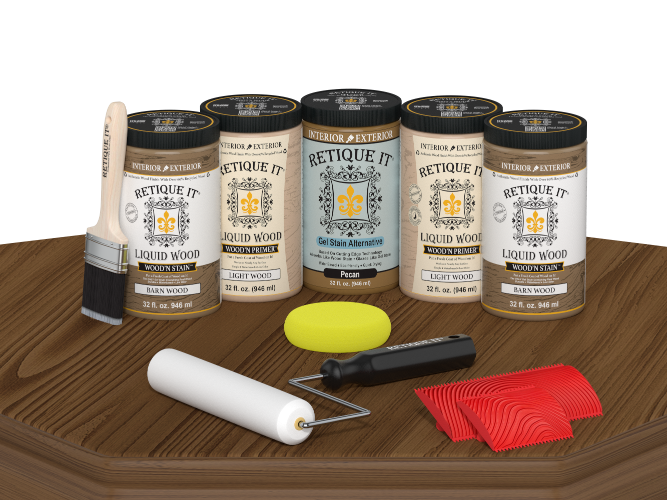 Retique It® Barn Wood Kit with primer, stains, brush, roller, yellow sponge, and red graining tools.