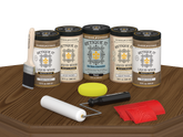 Retique It® Barn Wood Kit with primer, stains, brush, roller, yellow sponge, and red graining tools.