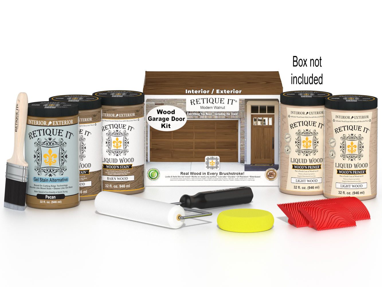 Retique It® Modern Walnut Wood Garage Door Kit with primer, stains, brush, roller, yellow sponge, and red graining tools.