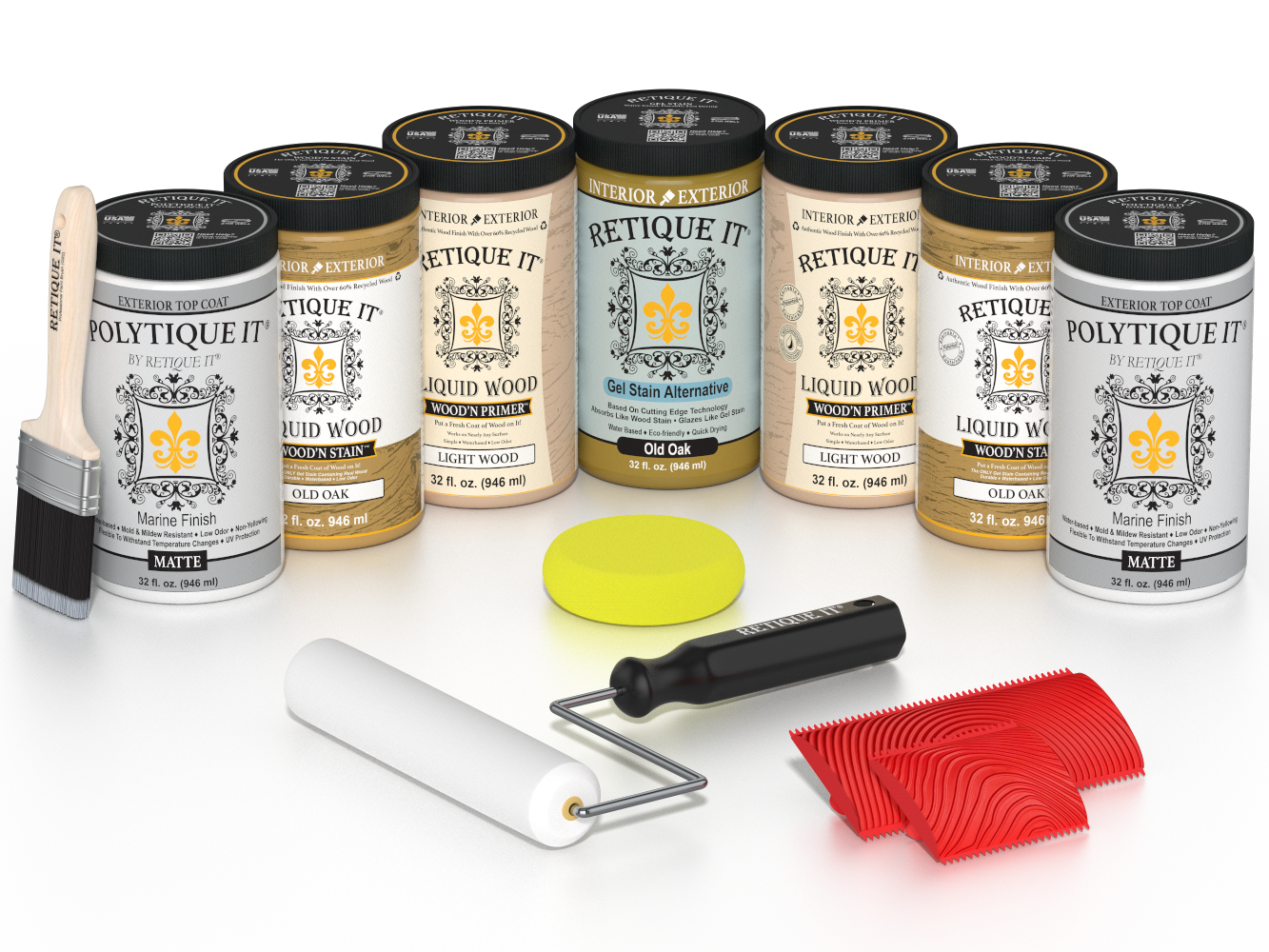 Retique It Old Oak Wood'n Kit with Matte PolyTique It top coat, featuring Old Oak Liquid Wood stain, Light Wood primer, Old Oak Gel Stain Alternative, paint brush, white roller, yellow sponge, and red graining tools.