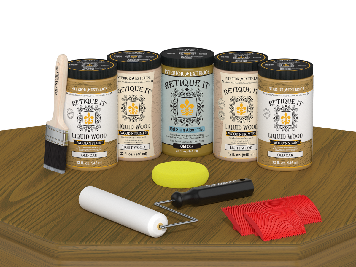 Retique It® Wood'n Cabinet Kit in Old Oak stain with 24 grained cabinet doors on table display.