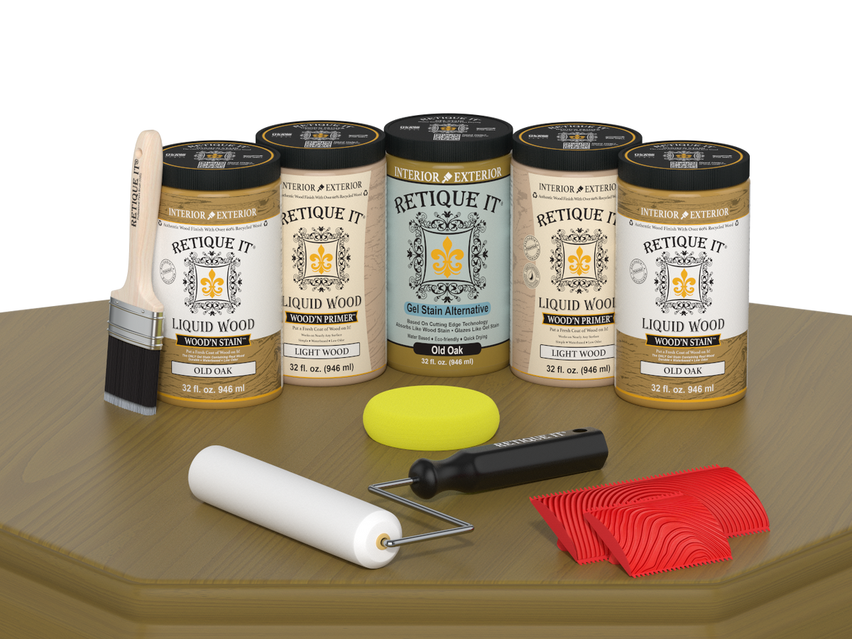 Retique It® Wood'n Cabinet Kit with 24 grained Old Oak stain applied to cabinet doors, showcasing natural wood finish and texture.