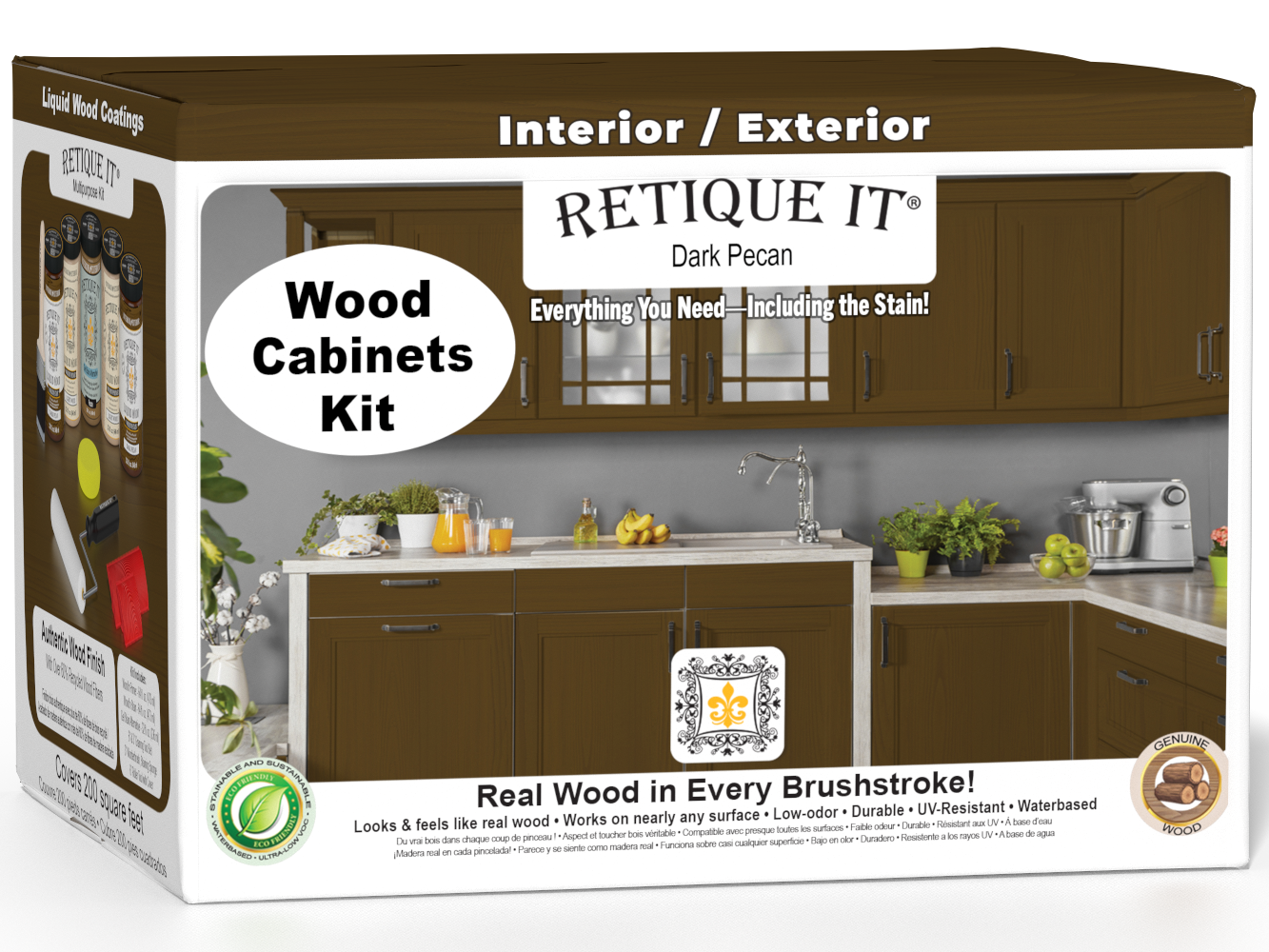 Dark Pecan Wood'n Cabinet Kit by Retique It® with 24 grained cabinet doors, stain for wood furniture and cabinetry.