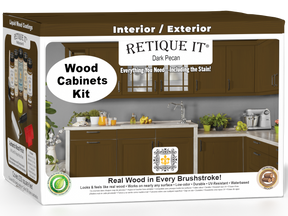 Dark Pecan Wood'n Cabinet Kit by Retique It® with 24 grained cabinet doors, stain for wood furniture and cabinetry.