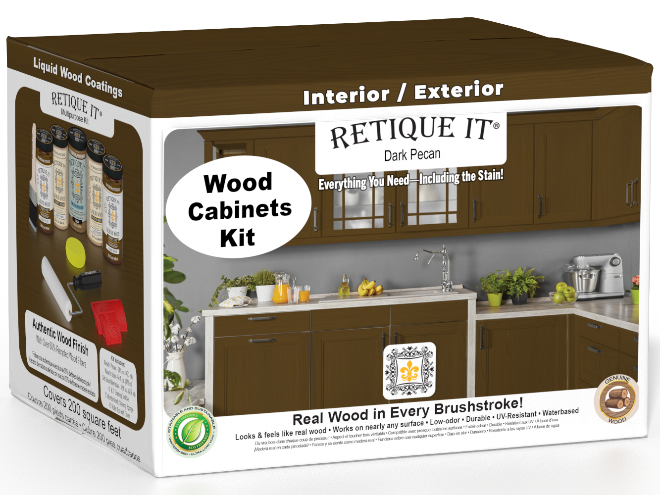 Retique It® Wood'n Cabinet Kit in Dark Pecan stain, featuring a 24-door grained cabinet with realistic wood grain finish.