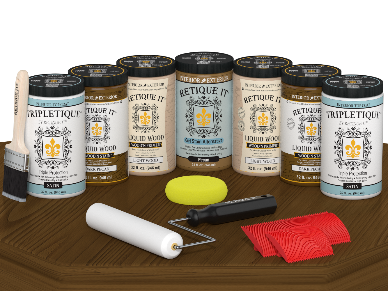 Dark Pecan Wood'n Cabinet Kit stain by Retique It® for 24 door cabinets, satin finish on a grained wood surface.