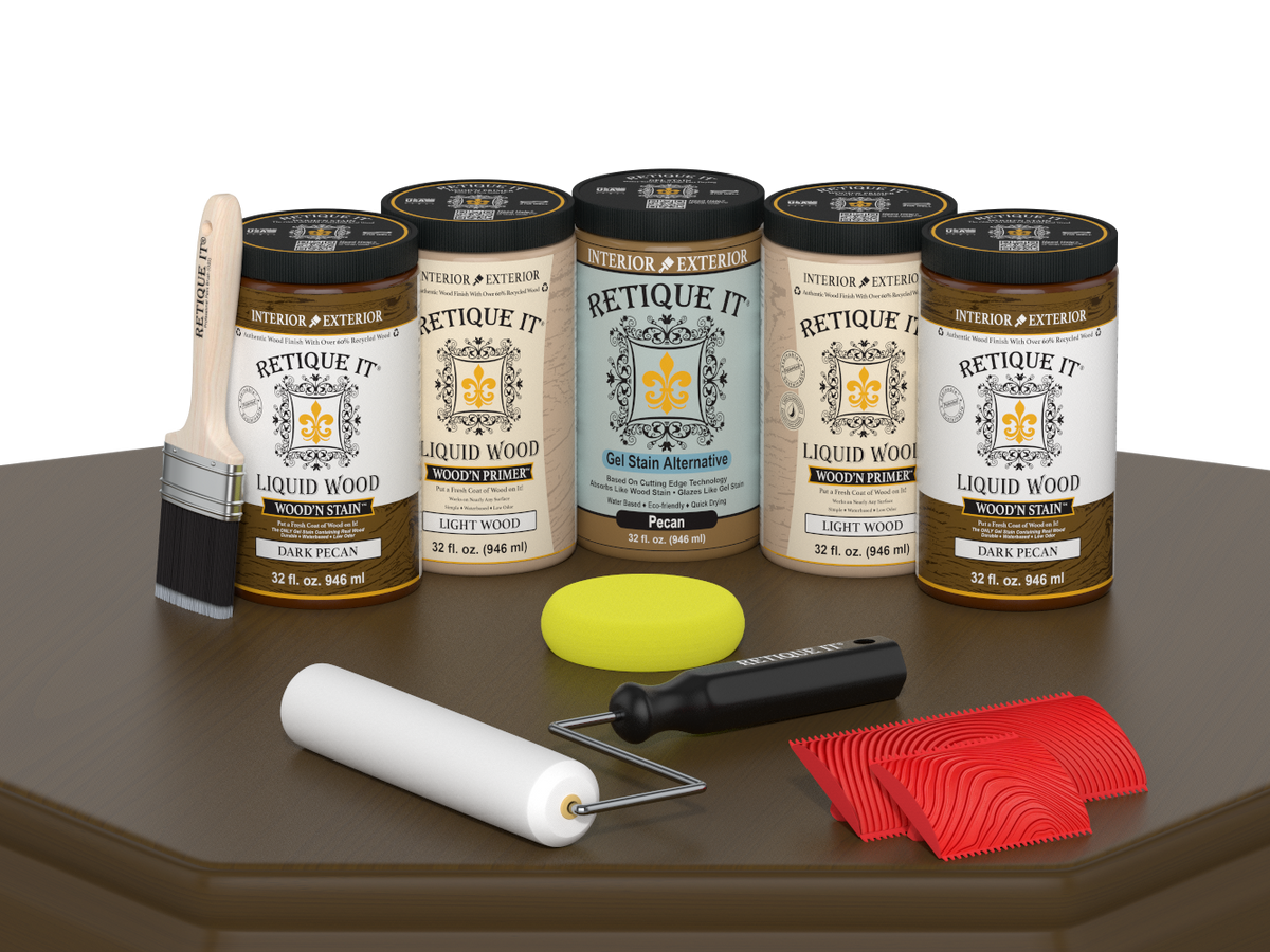 Dark Pecan Wood'n Cabinet Kit by Retique It® with 24 grained doors, stain for cabinet renovation, shown on a surface.
