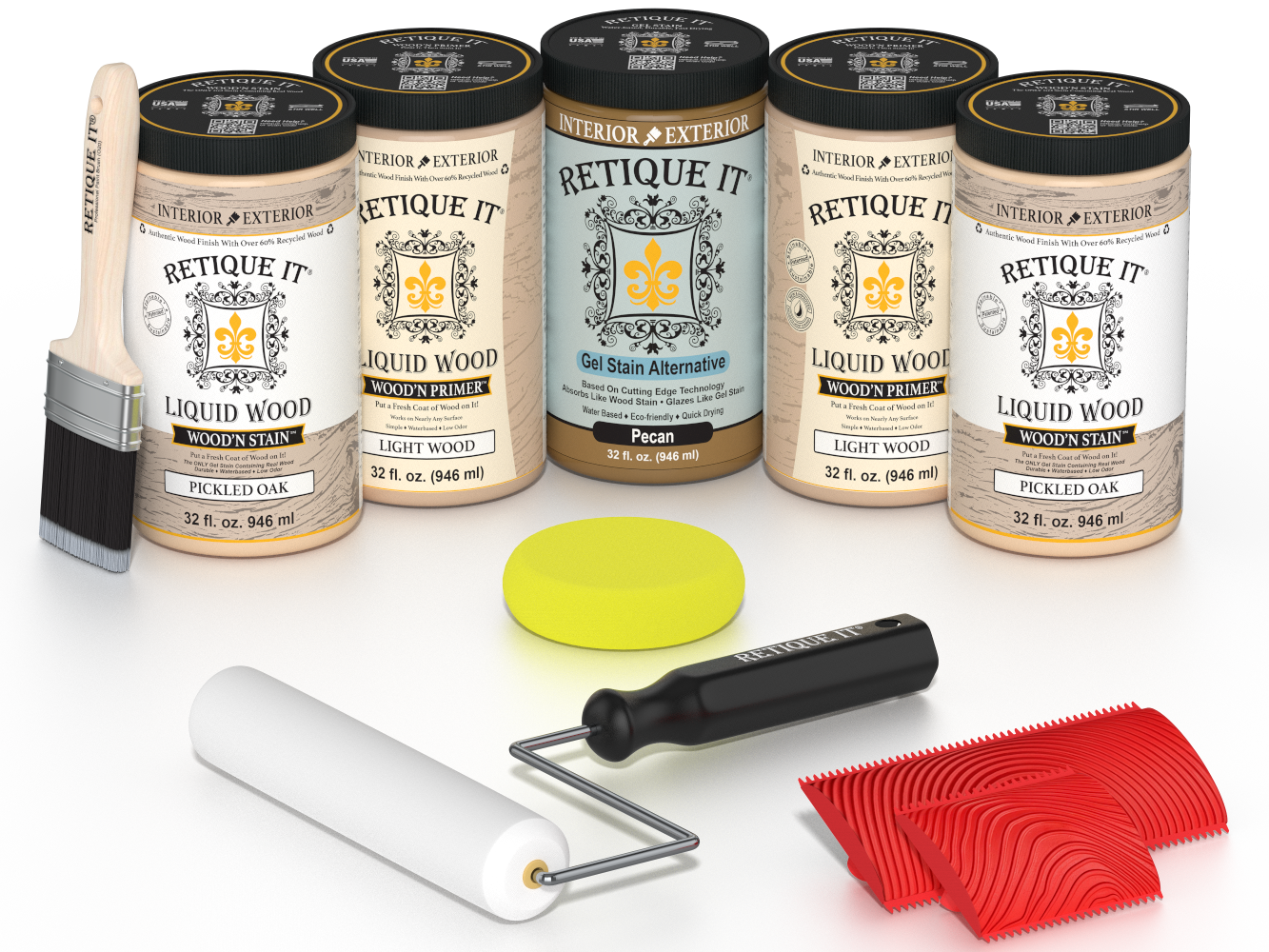 Retique It® Pickled Oak Kit with Liquid Wood®, Pecan Gel Stain Alternative, yellow sponge, red graining tool, roller, and brush.
