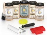 Retique It® Pickled Oak Kit with Liquid Wood®, Pecan Gel Stain Alternative, yellow sponge, red graining tool, roller, and brush.