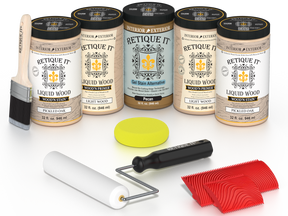 Retique It® Pickled Oak Kit with Liquid Wood®, Pecan Gel Stain Alternative, yellow sponge, red graining tool, roller, and brush.
