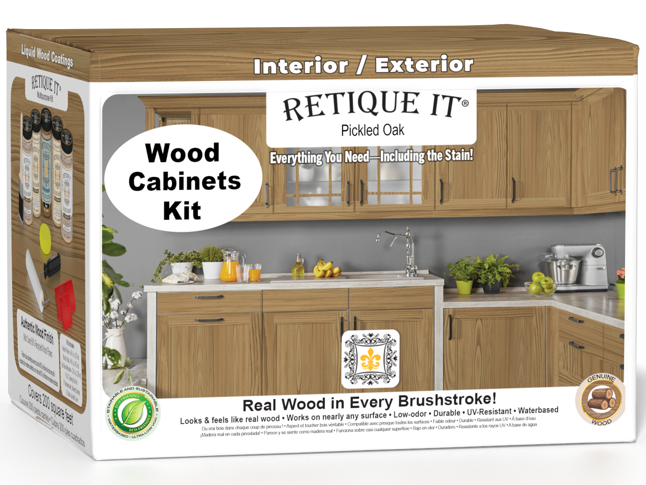 Retique It® Wood'n Cabinet Kit with 24 pickled oak grained cabinet doors, stain finish, shown in a 3D view of assembled cabinets.