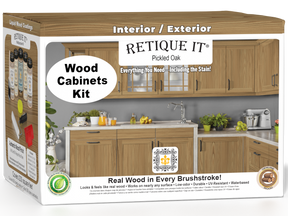 Retique It® Wood'n Cabinet Kit with 24 pickled oak grained cabinet doors, stain finish, shown in a 3D view of assembled cabinets.